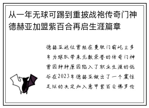 从一年无球可踢到重披战袍传奇门神德赫亚加盟紫百合再启生涯篇章