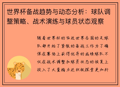 世界杯备战趋势与动态分析：球队调整策略、战术演练与球员状态观察